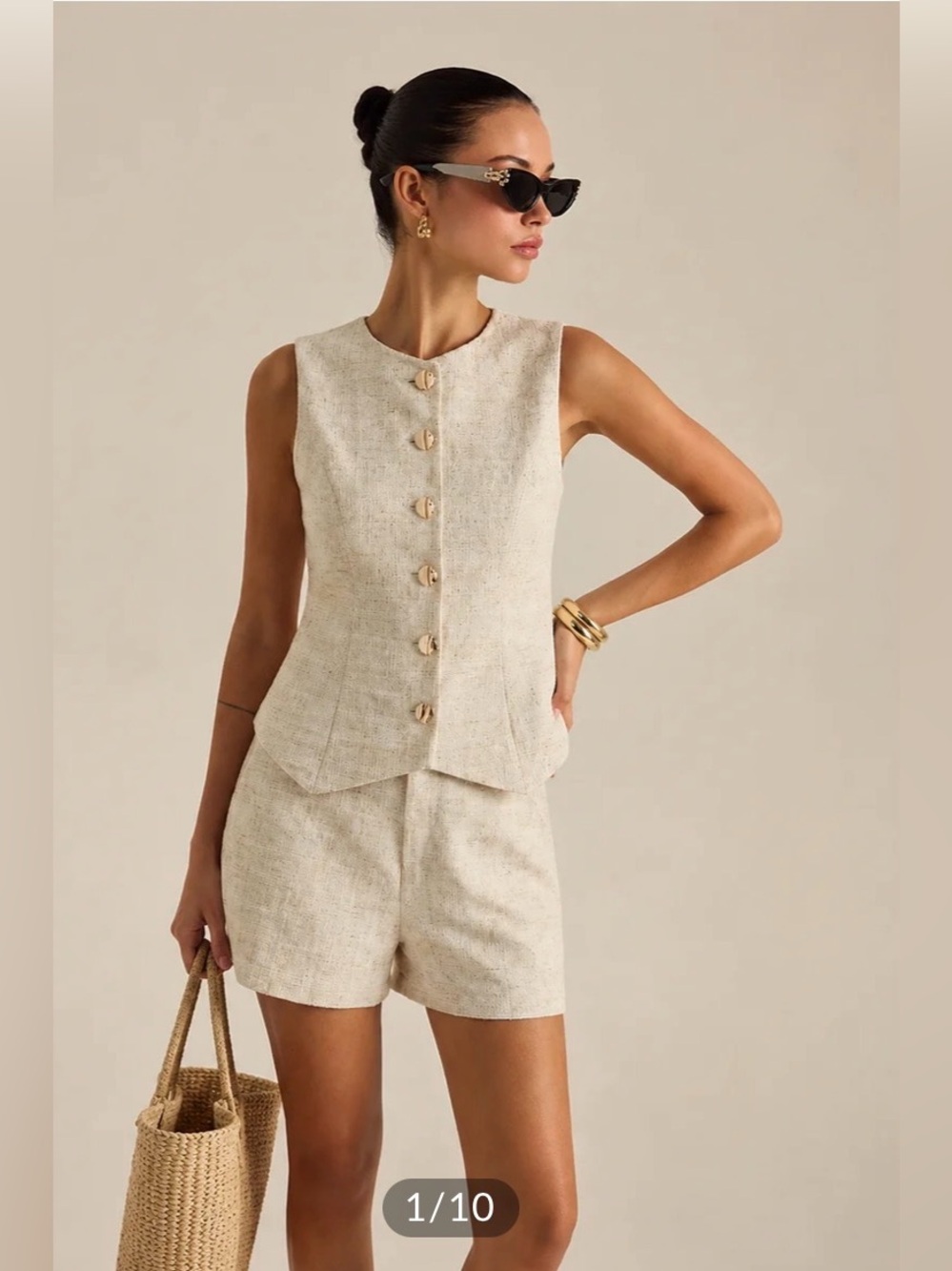 Commense Tweed Buttoned Vest & mini Shorts Set